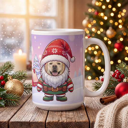 Personalized dog gnome mug with a dog's face, on a wooden table with a lit Christmas tree and a frosted window behind