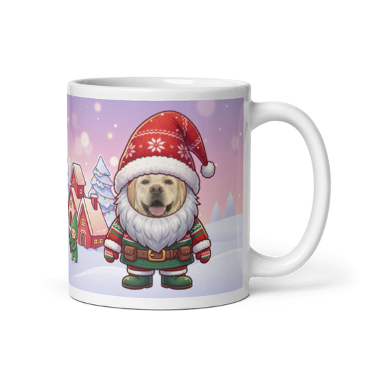 Dog gnome photo mug with the handle on the right, the dog's face printed on the front