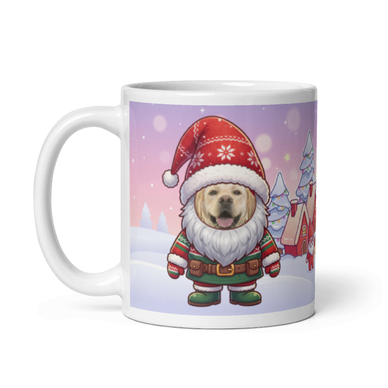 The same dog gnome mug with the handle on the left, the dog's face still showing