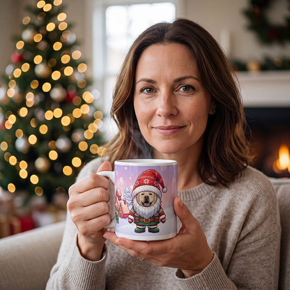 Dog gnome photo mug held in both hands to show the size