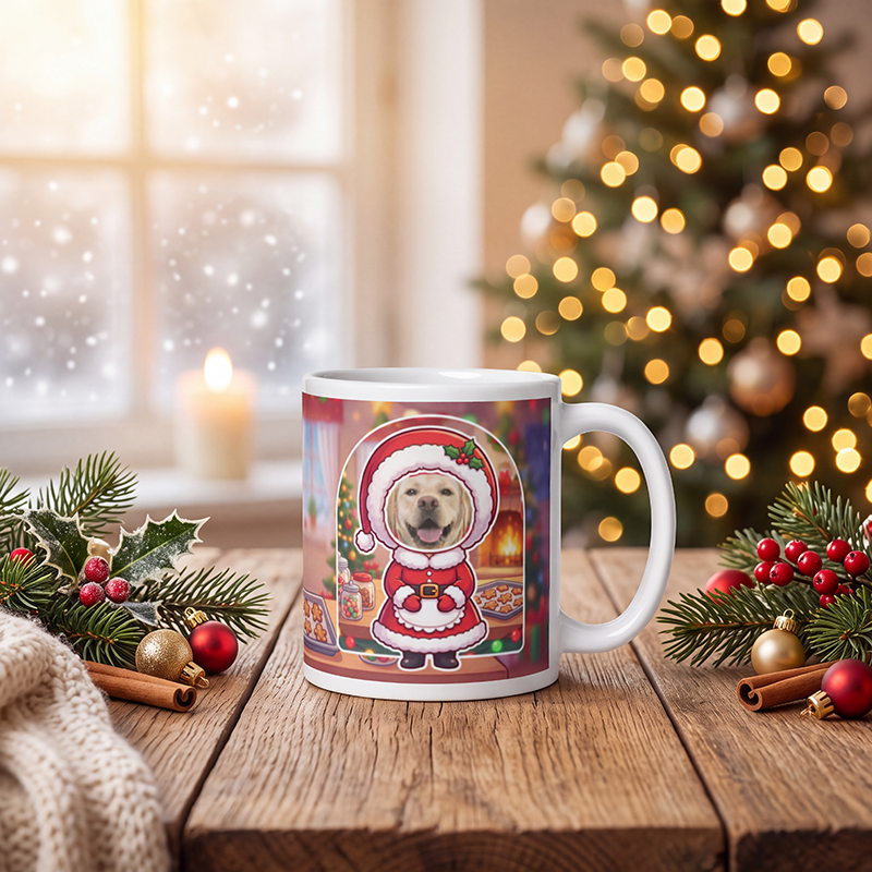 Personalized dog Mrs Claus mug with a dog's face, on a wooden table with a lit Christmas tree and a frosted window behind