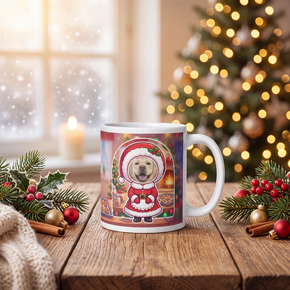 Personalized dog Mrs Claus mug with a dog's face, on a wooden table with a lit Christmas tree and a frosted window behind