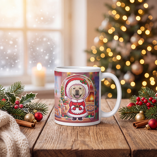 Personalized dog Mrs Claus mug with a dog's face, on a wooden table with a lit Christmas tree and a frosted window behind