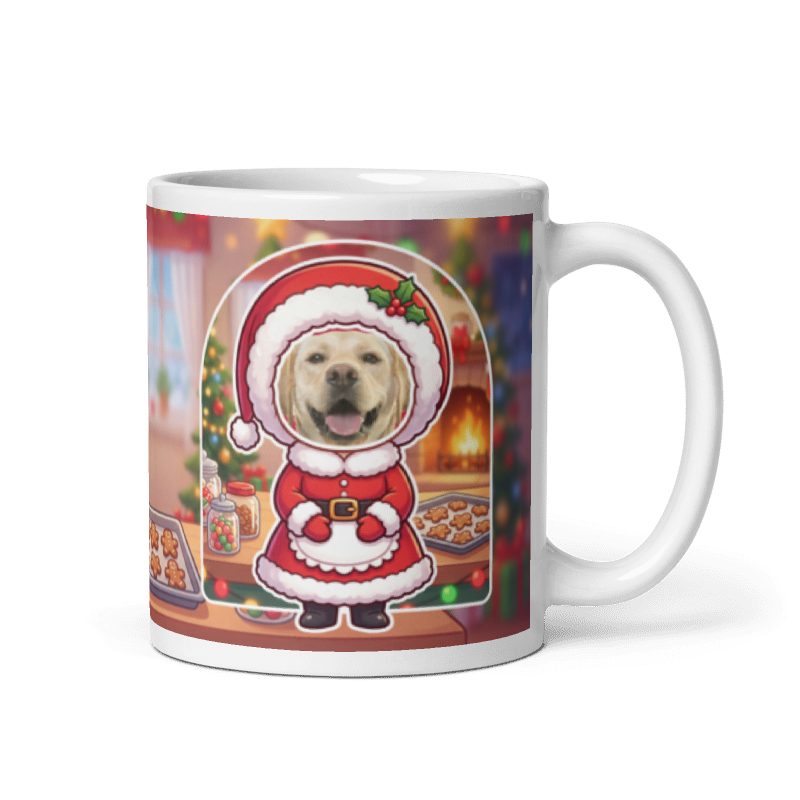 Dog Mrs Claus photo mug with the handle on the right, the dog's face printed on the front