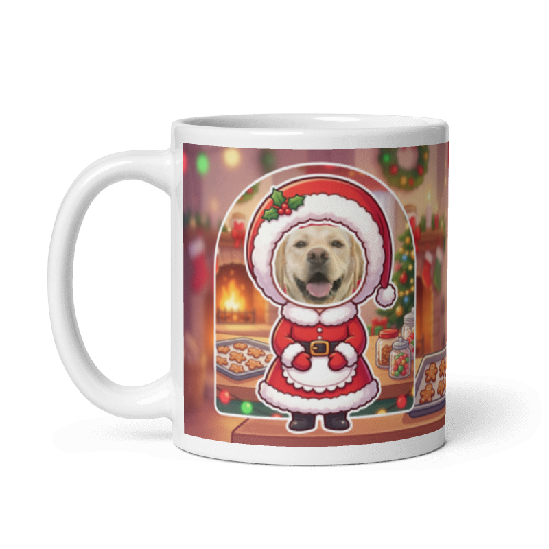 The same dog Mrs Claus mug with the handle on the left, the dog's face still showing