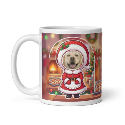 The same dog Mrs Claus mug with the handle on the left, the dog's face still showing