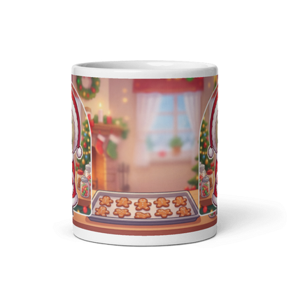 Back of the dog Mrs Claus mug showing a cosy Christmas kitchen with a tray of gingerbread cookies