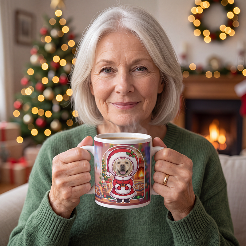 Dog Mrs Claus photo mug held in both hands to show the size