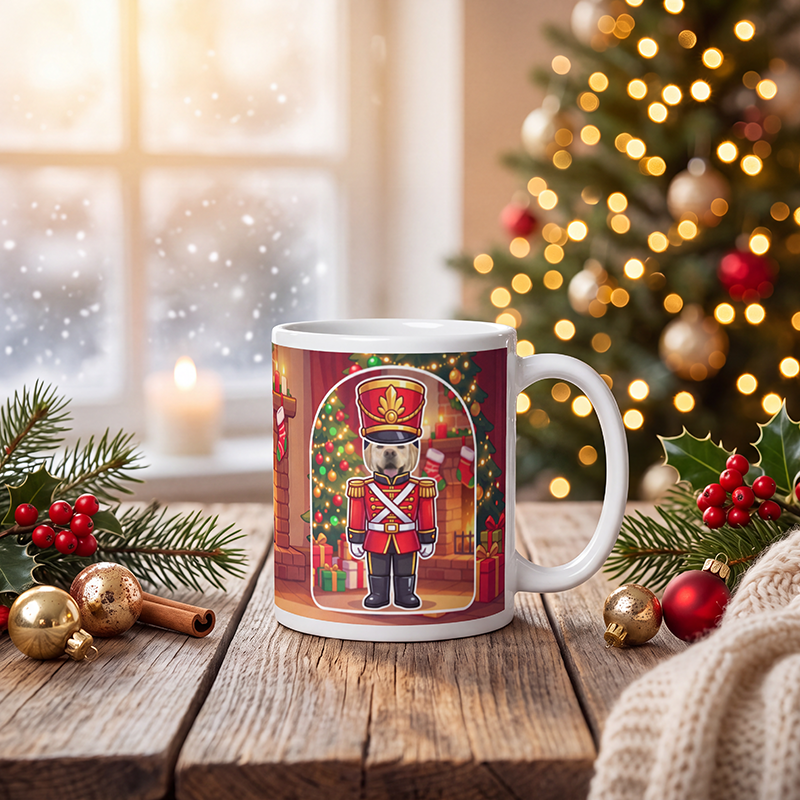 Personalized dog nutcracker mug with a dog's face, on a wooden table with a lit Christmas tree and a frosted window behind