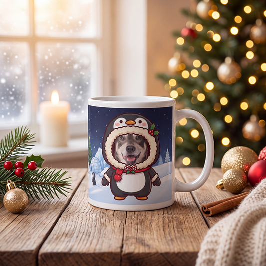 Personalized dog penguin mug with a dog's face, on a wooden table with a lit Christmas tree and a frosted window behind