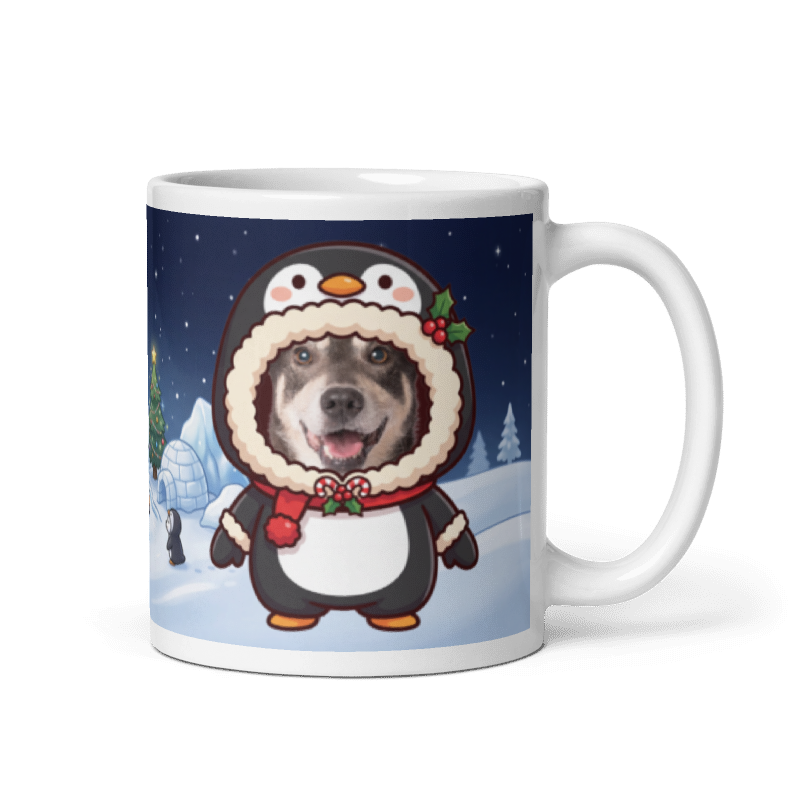 Dog penguin photo mug with the handle on the right, the dog's face printed on the front
