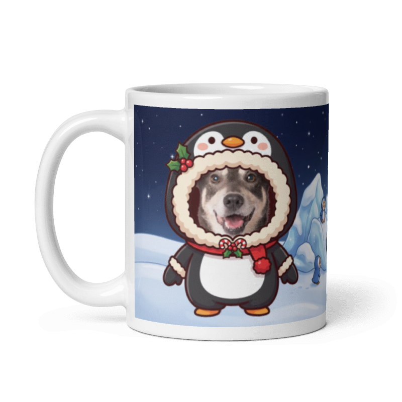 The same dog penguin mug with the handle on the left, the dog's face still showing