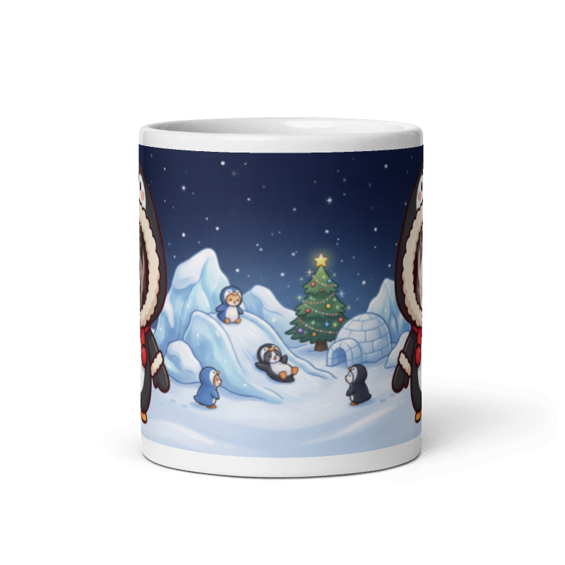 Back of the dog penguin mug showing the wraparound snowy igloo and penguins scene