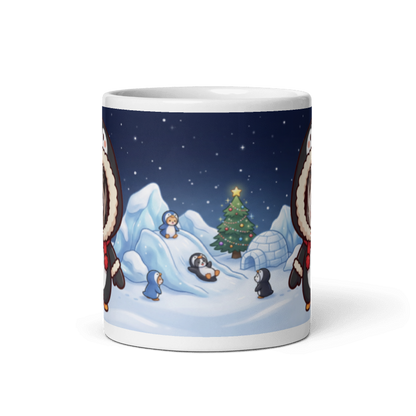 Back of the dog penguin mug showing the wraparound snowy igloo and penguins scene