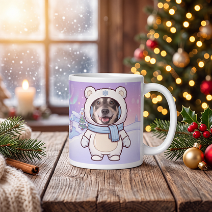 Personalized dog polar bear mug with a dog's face, on a wooden table with a lit Christmas tree and a frosted window behind