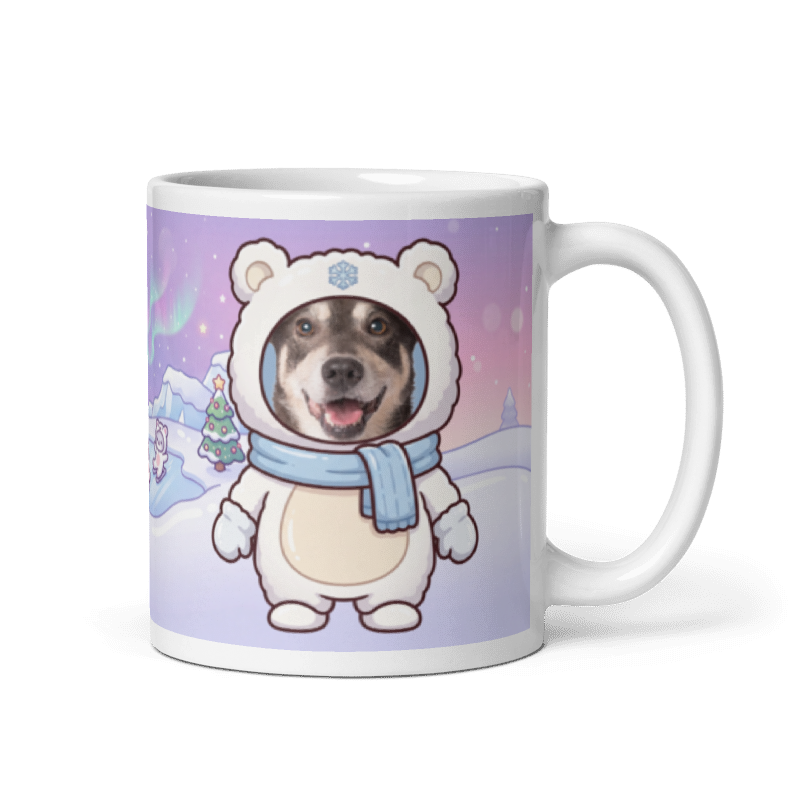 Dog polar bear photo mug with the handle on the right, the dog's face printed on the front