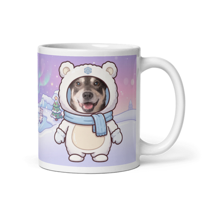 Dog polar bear photo mug with the handle on the right, the dog's face printed on the front