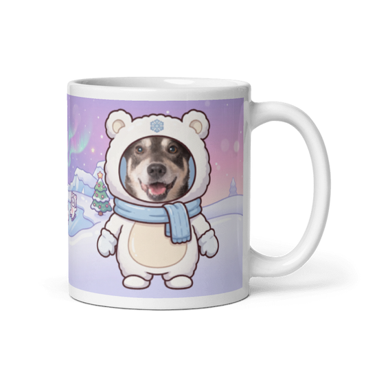 Dog polar bear photo mug with the handle on the right, the dog's face printed on the front