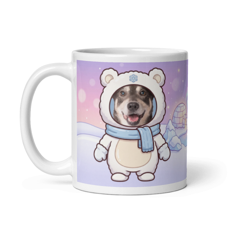 The same dog polar bear mug with the handle on the left, the dog's face still showing