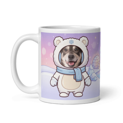 The same dog polar bear mug with the handle on the left, the dog's face still showing