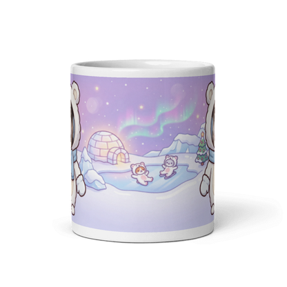 Back of the dog polar bear mug showing an igloo under the northern lights