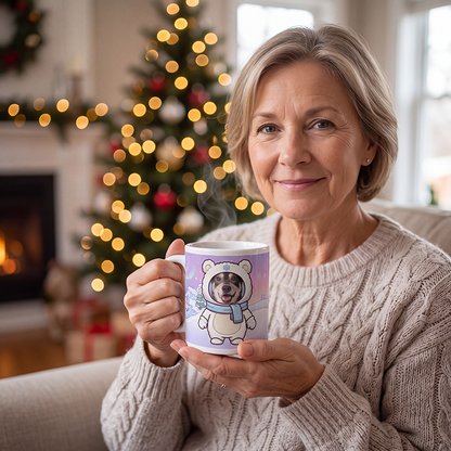 Dog polar bear photo mug held in hand to show the size