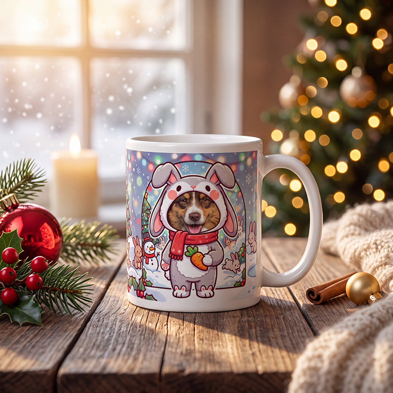 Personalized dog rabbit mug with a dog's face, on a wooden table with a lit Christmas tree and a frosted window behind