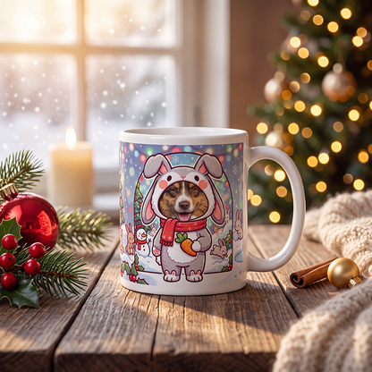 Personalized dog rabbit mug with a dog's face, on a wooden table with a lit Christmas tree and a frosted window behind