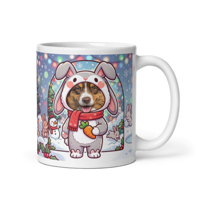 Dog rabbit photo mug with the handle on the right, the dog's face printed on the front