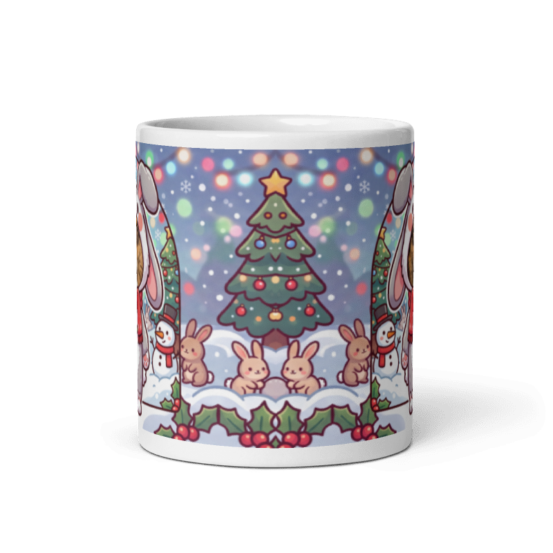 Back of the dog rabbit mug showing bunnies and snowmen around a Christmas tree
