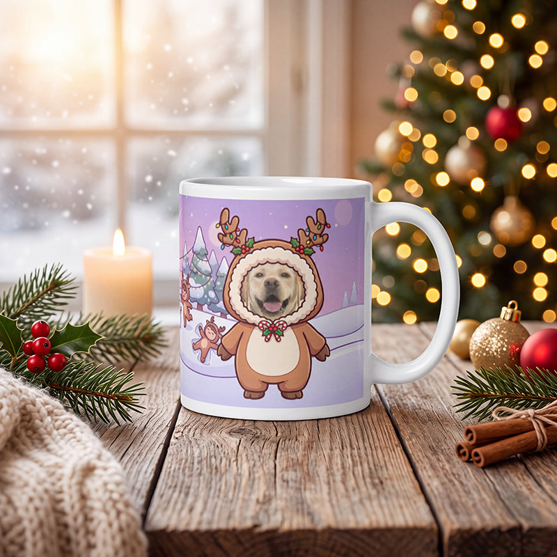 Personalized dog reindeer mug with a dog's face, on a wooden table with a lit Christmas tree and a frosted window behind