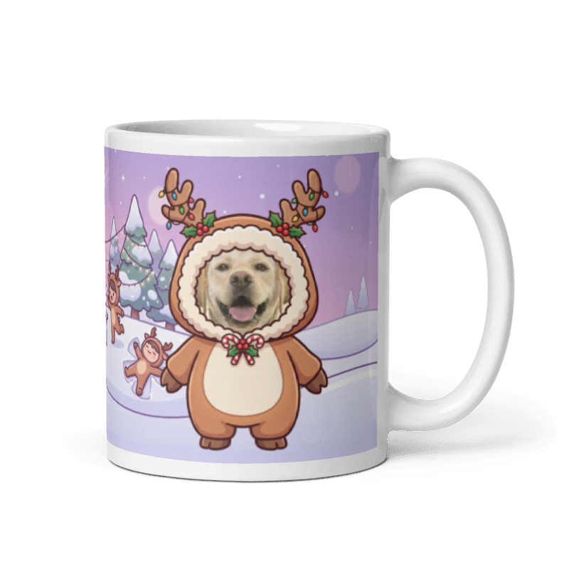 Dog reindeer photo mug with the handle on the right, the dog's face printed on the front