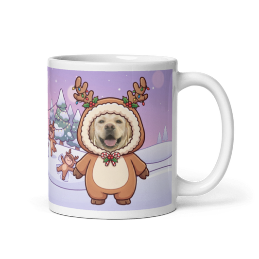 Dog reindeer photo mug with the handle on the right, the dog's face printed on the front