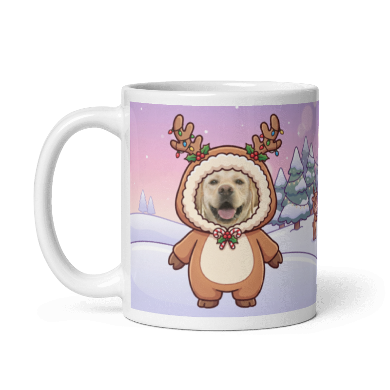 The same dog reindeer mug with the handle on the left, the dog's face still showing