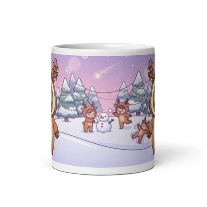Back of the dog reindeer mug showing little reindeer playing in the snow beside a snowman