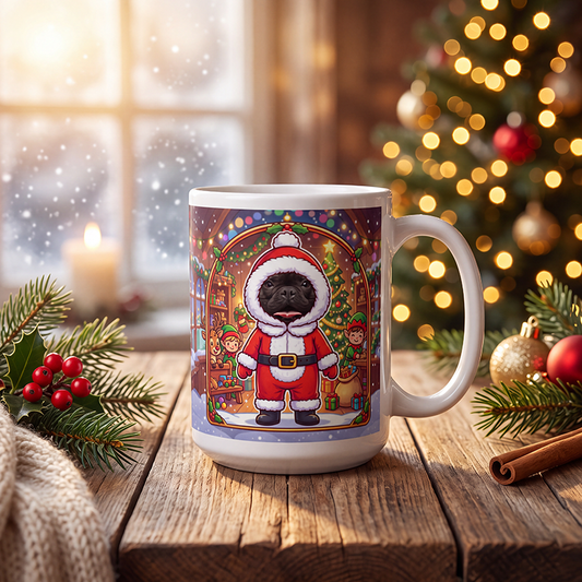 Personalized Santa dog mug with a dog's face in a Santa suit, on a wooden table with a lit Christmas tree and a snowy window behind