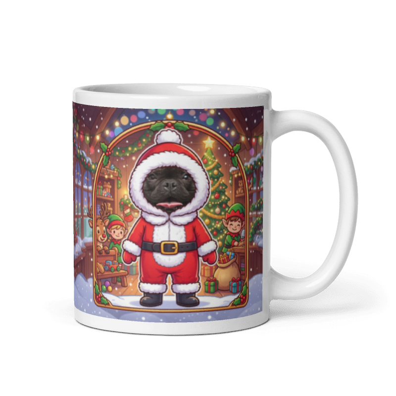 Dog Santa photo mug with the handle on the right, the dog's face printed on the front