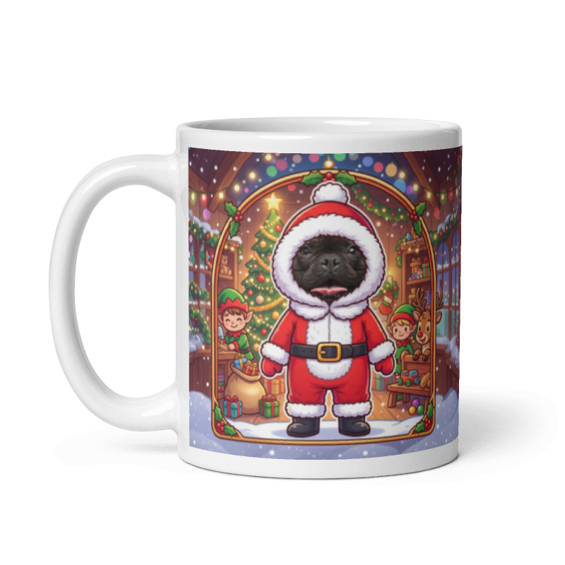 The same dog Santa mug with the handle on the left, the dog's face still showing