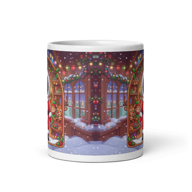 Back of the dog Santa mug showing the snowy window of Santa's workshop with garlands and lights