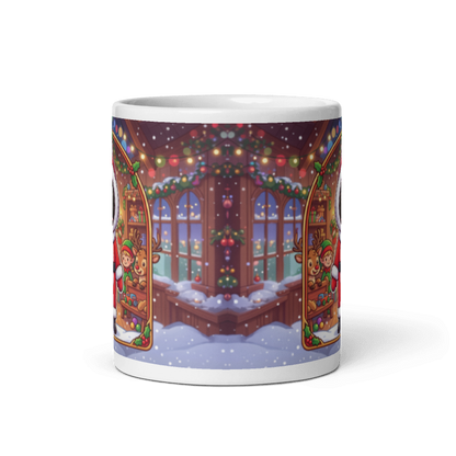 Back of the dog Santa mug showing the snowy window of Santa's workshop with garlands and lights