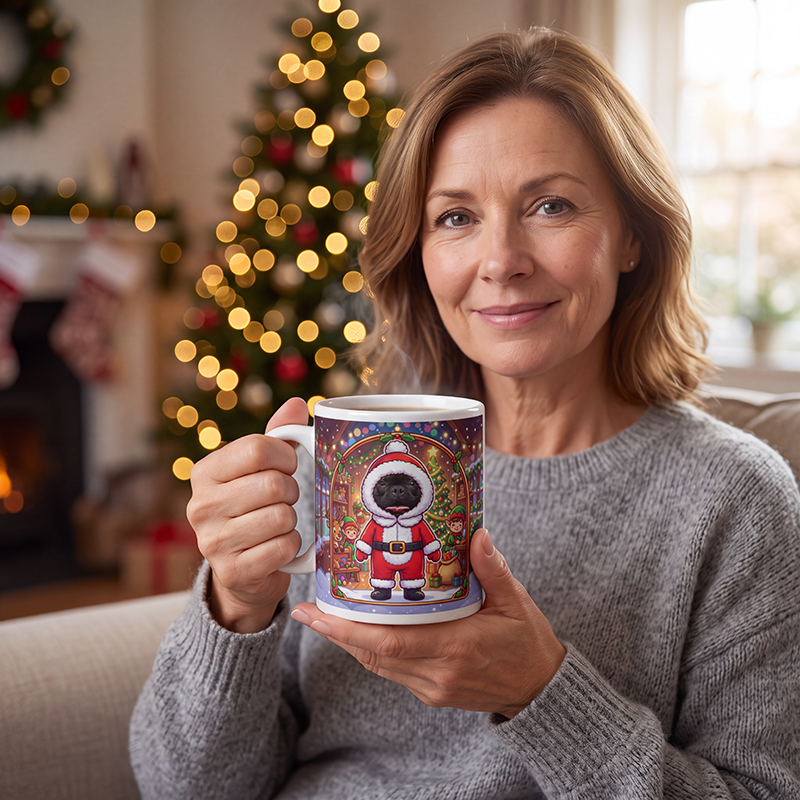 Dog Santa photo mug held in hand to show the size