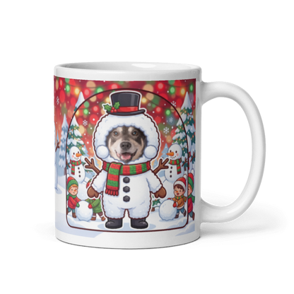 Dog snowman photo mug with the handle on the right, the dog's face printed on the front