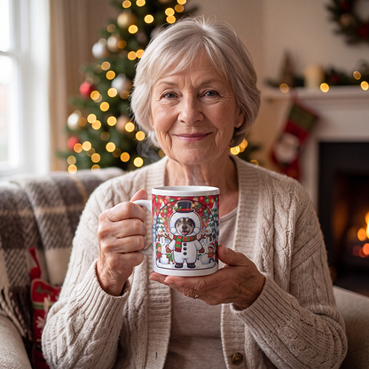 Dog snowman photo mug held in hand to show the size