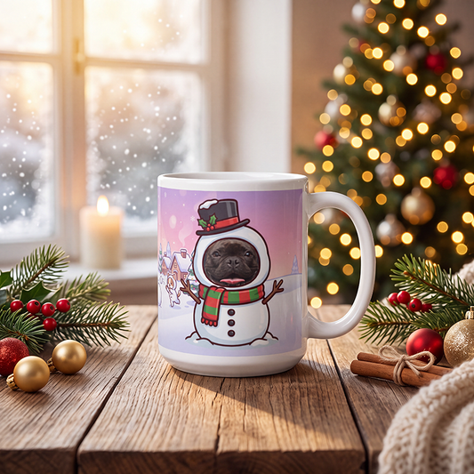 Personalized dog snowman mug with a dog's face, on a wooden table with a lit Christmas tree and a frosted window behind