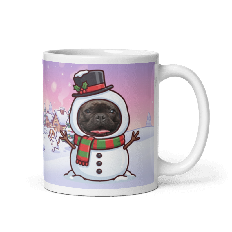 Dog snowman photo mug with the handle on the right, the dog's face printed on the front