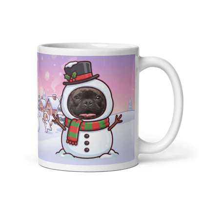 Dog snowman photo mug with the handle on the right, the dog's face printed on the front
