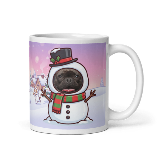 Dog snowman photo mug with the handle on the right, the dog's face printed on the front