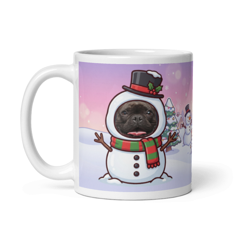 The same dog snowman mug with the handle on the left, the dog's face still showing