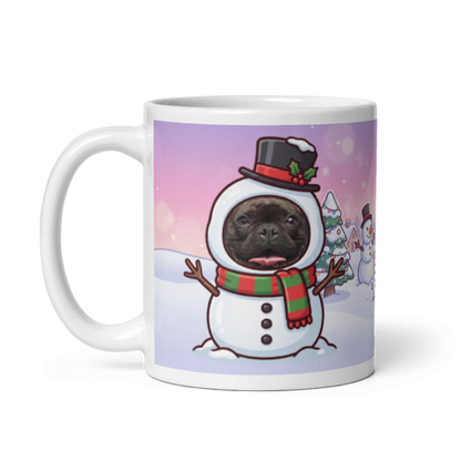The same dog snowman mug with the handle on the left, the dog's face still showing