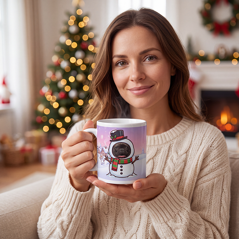 Dog snowman photo mug held in both hands to show the size